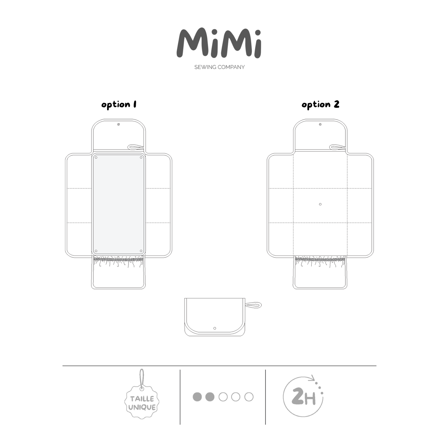 Spécifications techniques et dessin d’un matelas à langer de voyage MiMi Sewing Company, montrant deux options de pliage identifiées « Option 1 » et « Option 2 ». Des icônes au bas indiquent une taille unique, un niveau de difficulté de 2/5 et un temps de réalisation de 2 heures.