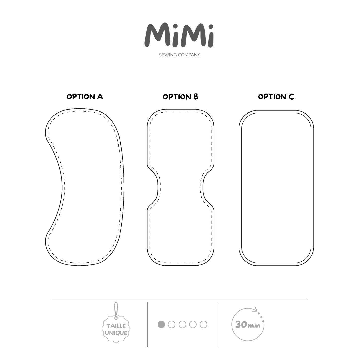 Une illustration en noir et blanc présentant les différentes options d’un patron de couture MiMi Sewing Company, montrant trois options identifiées « Option A », « Option B » et « Option C », avec des icônes indiquant une taille unique, un niveau de difficulté de 1/5 et un temps de réalisation de 30 minutes.