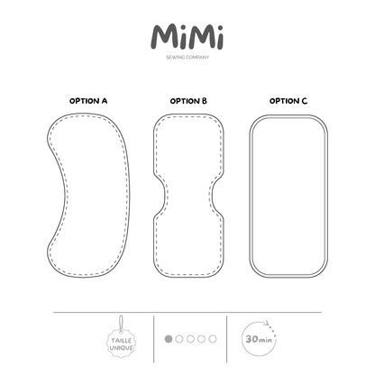 Une illustration en noir et blanc présentant les différentes options d’un patron de couture MiMi Sewing Company, montrant trois options identifiées « Option A », « Option B » et « Option C », avec des icônes indiquant une taille unique, un niveau de difficulté de 1/5 et un temps de réalisation de 30 minutes.