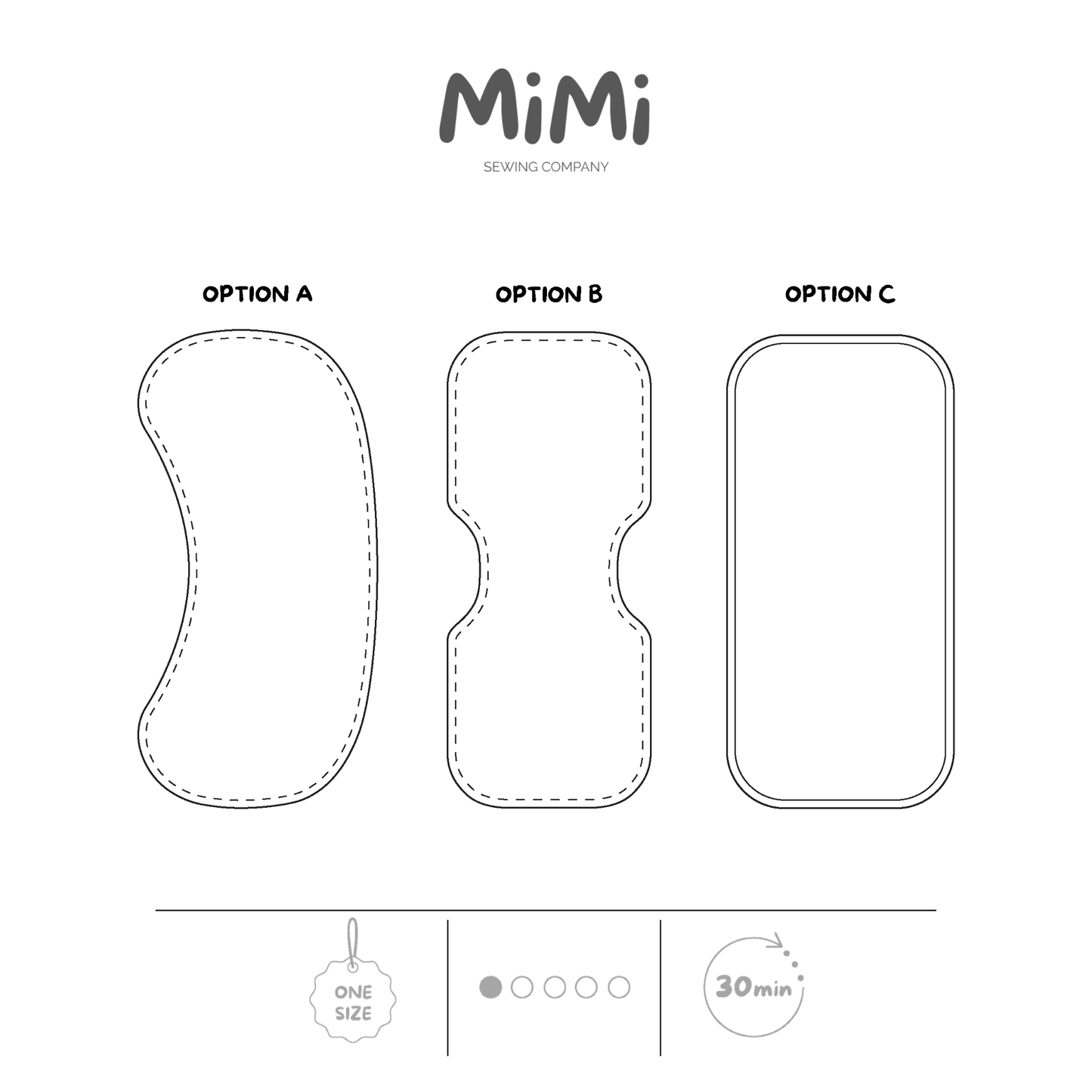 A black and white product options drawing for a MiMi Sewing Company sewing pattern, showing three options labeled Option A, Option B, and Option C, along with icons indicating one size, 1/5 difficulty level and 30 minutes.