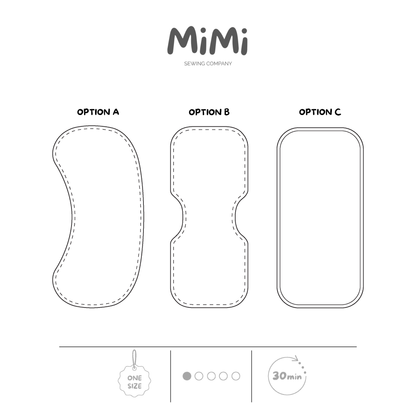 A black and white product options drawing for a MiMi Sewing Company sewing pattern, showing three options labeled Option A, Option B, and Option C, along with icons indicating one size, 1/5 difficulty level and 30 minutes.