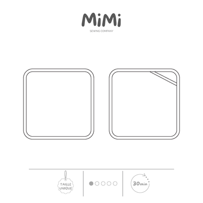 Un dessin minimaliste en noir et blanc montrant deux débarbouillettes arrondies, l’une unie et l’autre avec un ruban gros-grain, sous le logo MiMi Sewing Company. De petites icônes au bas indiquent une taille unique, un niveau de difficulté de 1/5 et un temps de réalisation de 30 minutes.
