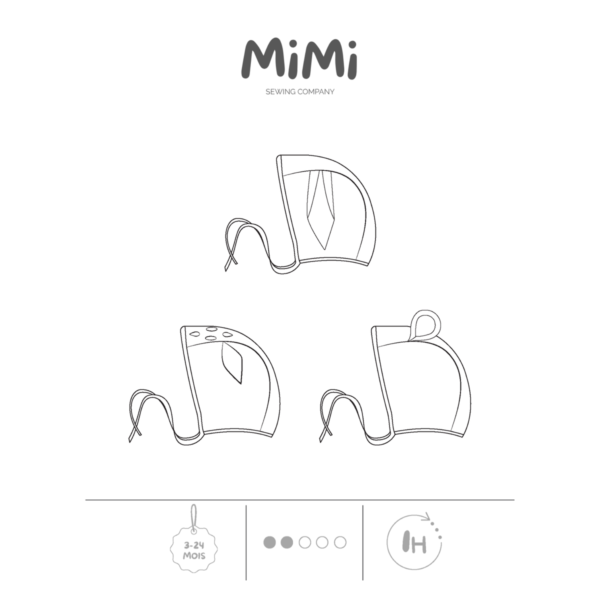 Feuille graphique blanche présentant trois modèles de bonnet pour bébé à coudre, avec des illustrations d’oreilles d’ourson, de lapin et de Bambi en lignes noires, et le logo MiMi Sewing Company en haut.