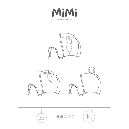 Feuille graphique blanche présentant trois modèles de bonnet pour bébé à coudre, avec des illustrations d’oreilles d’ourson, de lapin et de Bambi en lignes noires, et le logo MiMi Sewing Company en haut.