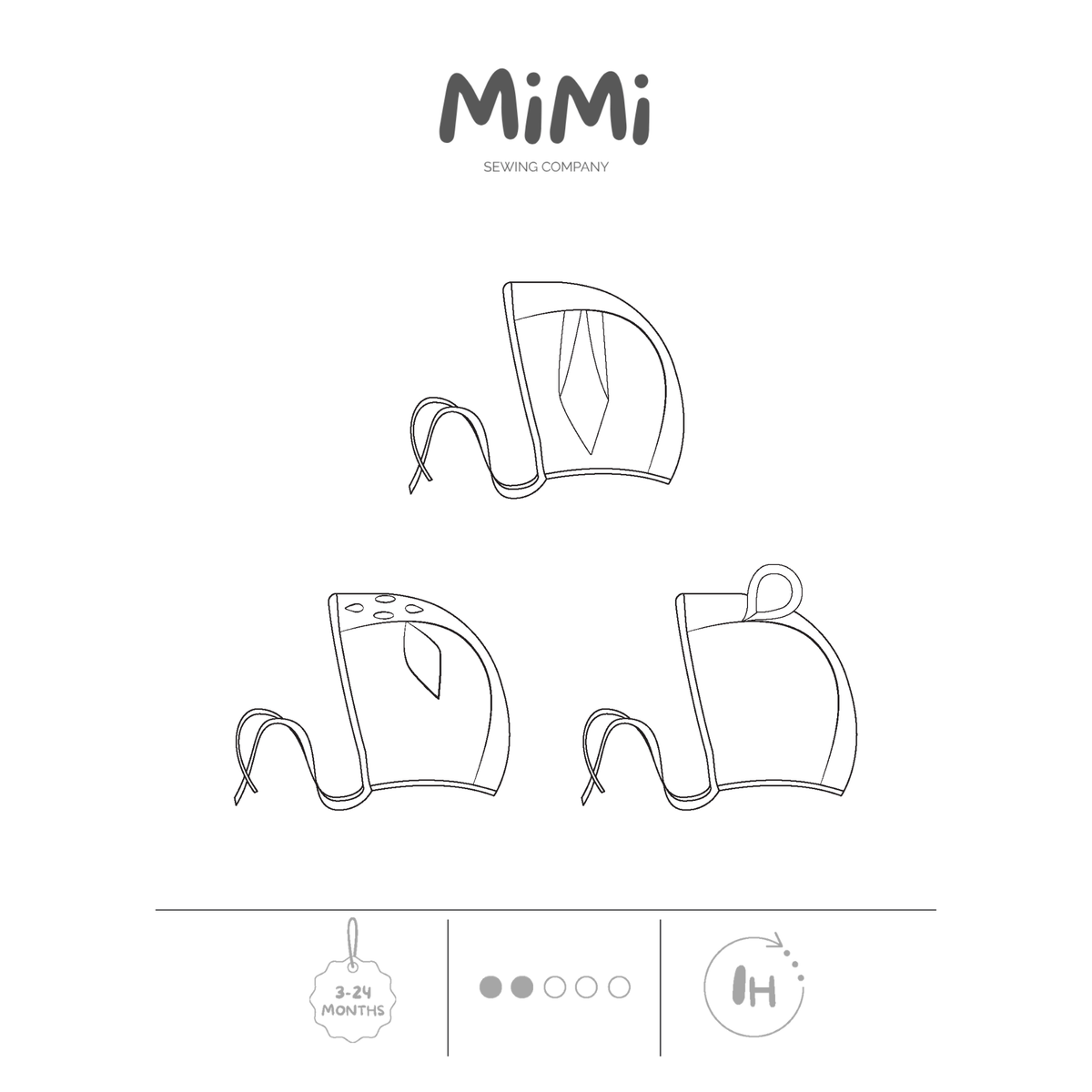 MiMi Sewing Company baby bonnet sewing pattern featuring three animal designs: bear, rabbit, and Bambi, shown as black line drawings on a white graphic sheet.
