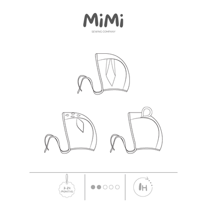 MiMi Sewing Company baby bonnet sewing pattern featuring three animal designs: bear, rabbit, and Bambi, shown as black line drawings on a white graphic sheet.
