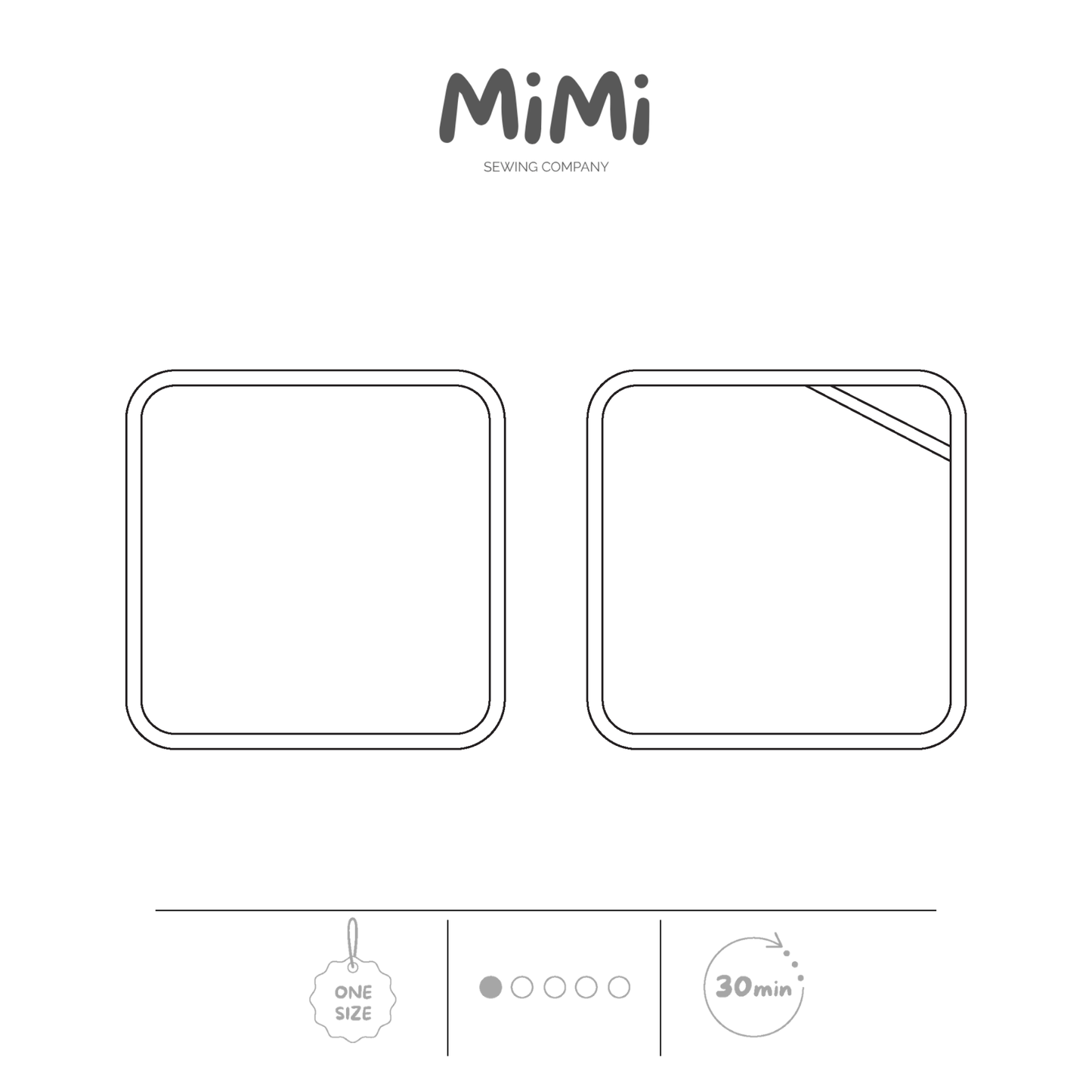 A minimalist black-and-white drawing showing two rounded washcloth, one plain and one with a gros grain ribbon, under the MiMi Sewing Company logo. Small icons at the bottom note one size, 1/5 difficulty and 30 minutes.