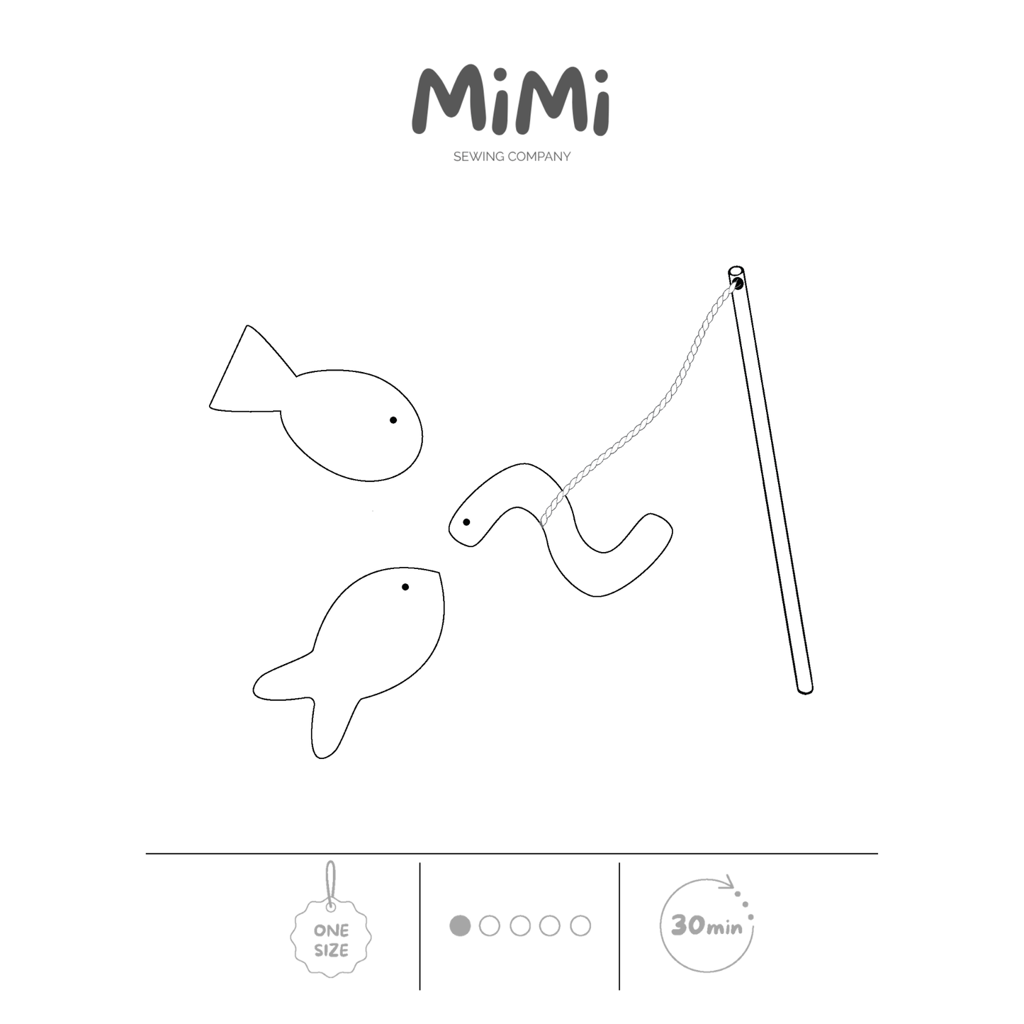 A minimalist black line drawing on a white background showing a fishing-themed toy or craft set with two fish shapes, a snake-like shape, and a long rod, plus the text 'MiMi Sewing Company' at the top and small feature icons at the bottom indicating one size, a 1/5 difficulty level, and a 30-minute sewing time.