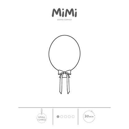A minimalist black line drawing of a balloon with a ribbon bow on a white background, with the brand name 'MiMi Sewing Company' at the top and small icons indicating small&large, a 1/5 difficulty level, and a 30-minute sewing time.