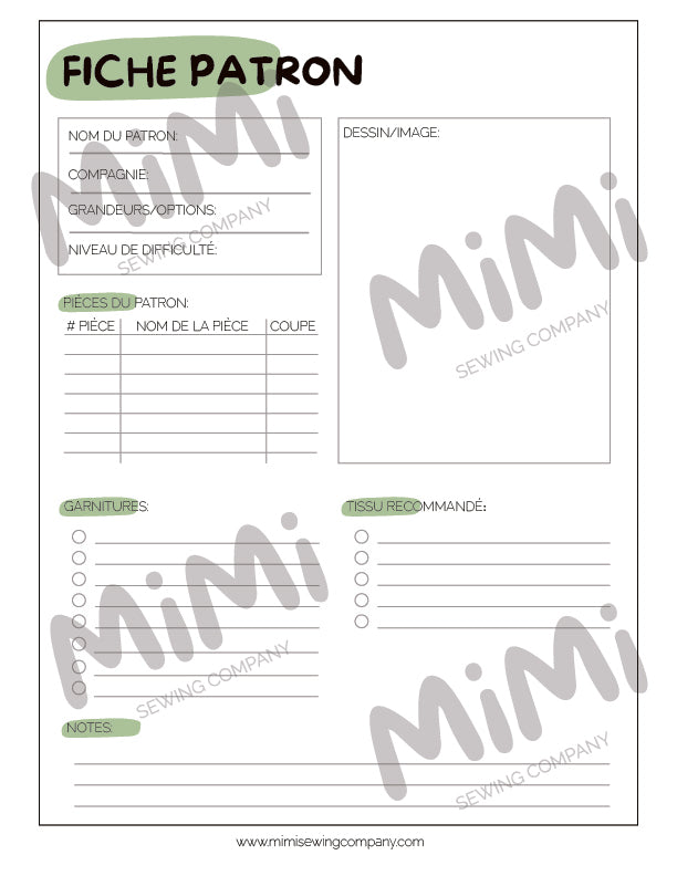 A French sewing pattern sheet template titled 'FICHE PATRON' with labeled fields for shop name, pattern maker, size options, difficulty, pieces, garment measurements, and notes, shown on a white background with large diagonal 'Mimi Sewing Company' watermarks.