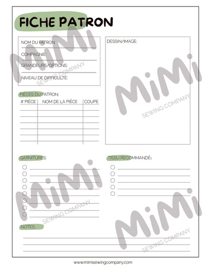 A French sewing pattern sheet template titled 'FICHE PATRON' with labeled fields for shop name, pattern maker, size options, difficulty, pieces, garment measurements, and notes, shown on a white background with large diagonal 'Mimi Sewing Company' watermarks.