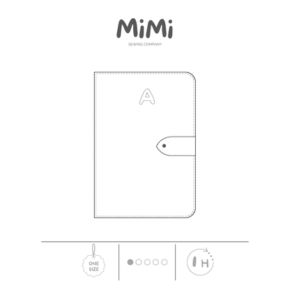 A minimalist black line drawing of a health record cover with a strap closure, centered on a white background. The brand name 'MiMi sewing company' appears above, and small feature icons are shown along the bottom : one size, 1/5 difficulty and 1 hour.