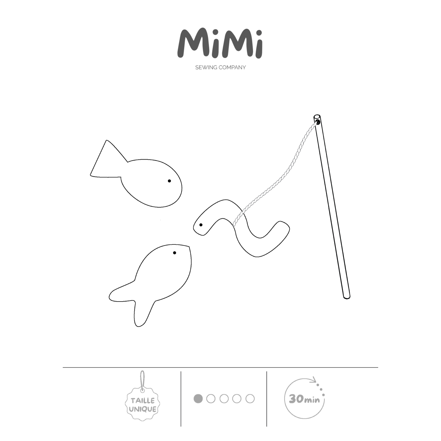 Illustration au trait en noir et blanc d’un ensemble de jouets de pêche de MiMi Sewing Company, comprenant deux formes de poissons, un ver de terre et une canne à pêche, avec des icônes indiquant une taille unique, un niveau de difficulté de 1/5 et un temps de réalisation de 30 minutes.
