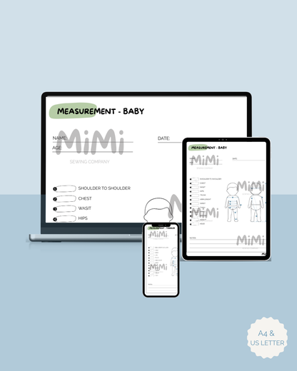 Digital mockup of a baby measurement template displayed on a laptop, tablet, and smartphone against a light blue background. The template includes fields for name, date, and measurements such as shoulder to shoulder, chest, waist, and hips, with a watermark reading 'Mimi Sewing Company'.