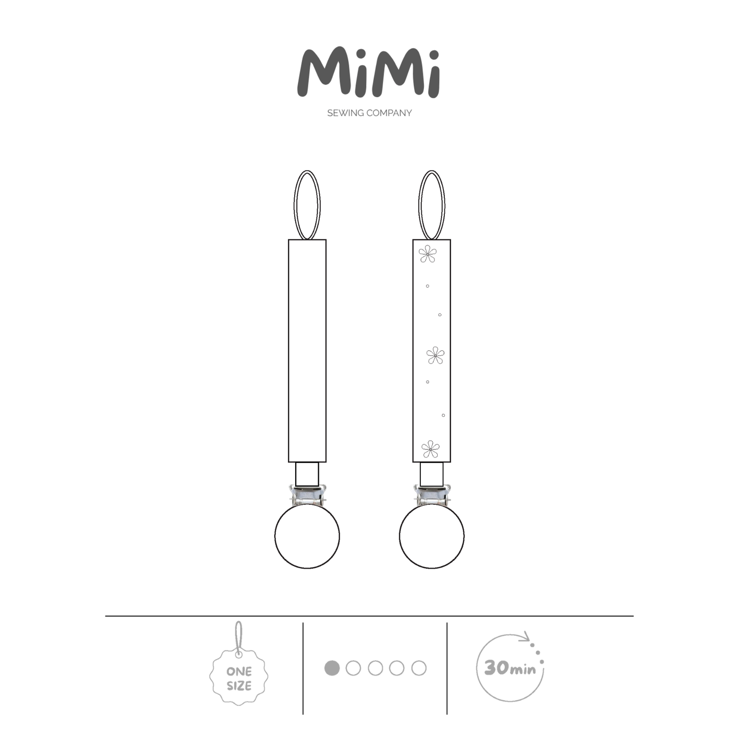 Technical line drawing showing two views of a hanging pacifier clip under the MiMi Sewing Company logo on a white background. One view features a plain pacifier clip, while the other shows a pacifier clip with embroidery. Icons at the bottom indicate one size, a 1/5 difficulty level, and a 30-minute sewing time.
