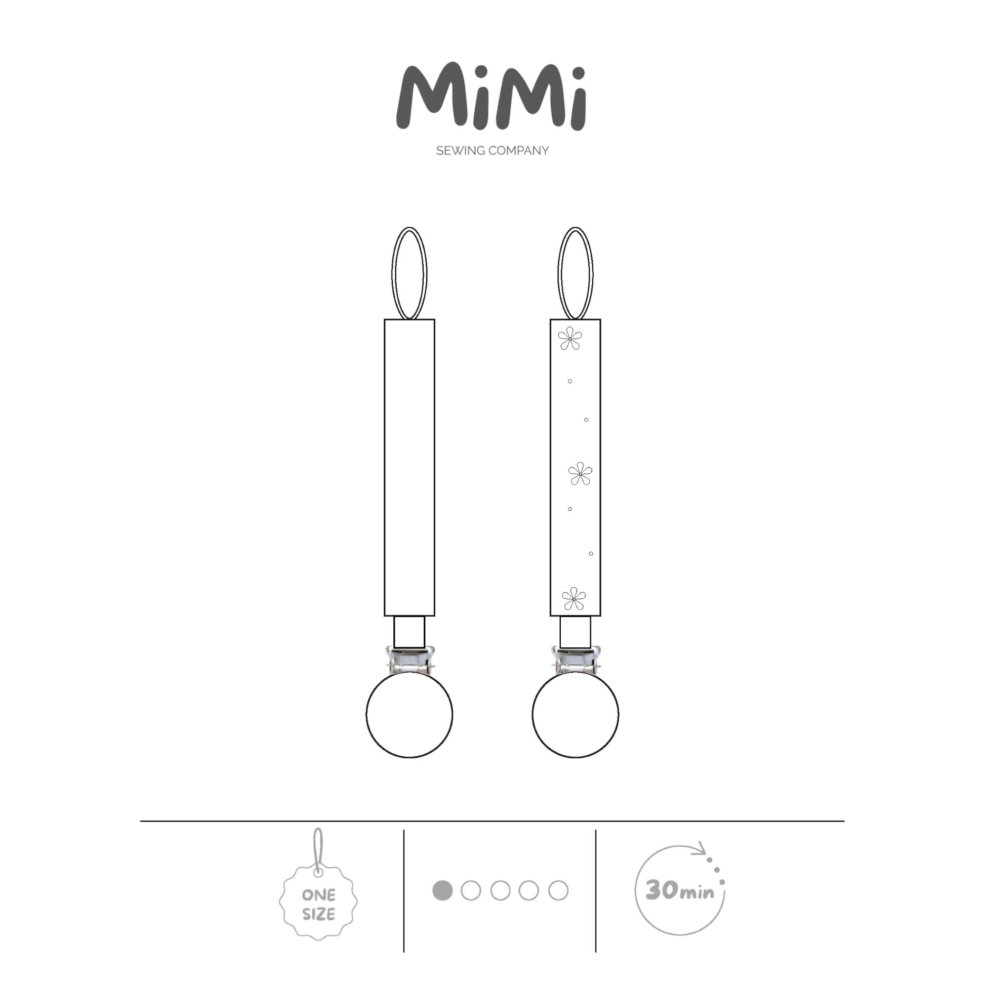 Technical line drawing showing two views of a hanging pacifier clip under the MiMi Sewing Company logo on a white background. One view features a plain pacifier clip, while the other shows a pacifier clip with embroidery. Icons at the bottom indicate one size, a 1/5 difficulty level, and a 30-minute sewing time.
