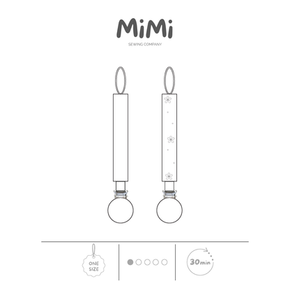 Technical line drawing showing two views of a hanging pacifier clip under the MiMi Sewing Company logo on a white background. One view features a plain pacifier clip, while the other shows a pacifier clip with embroidery. Icons at the bottom indicate one size, a 1/5 difficulty level, and a 30-minute sewing time.
