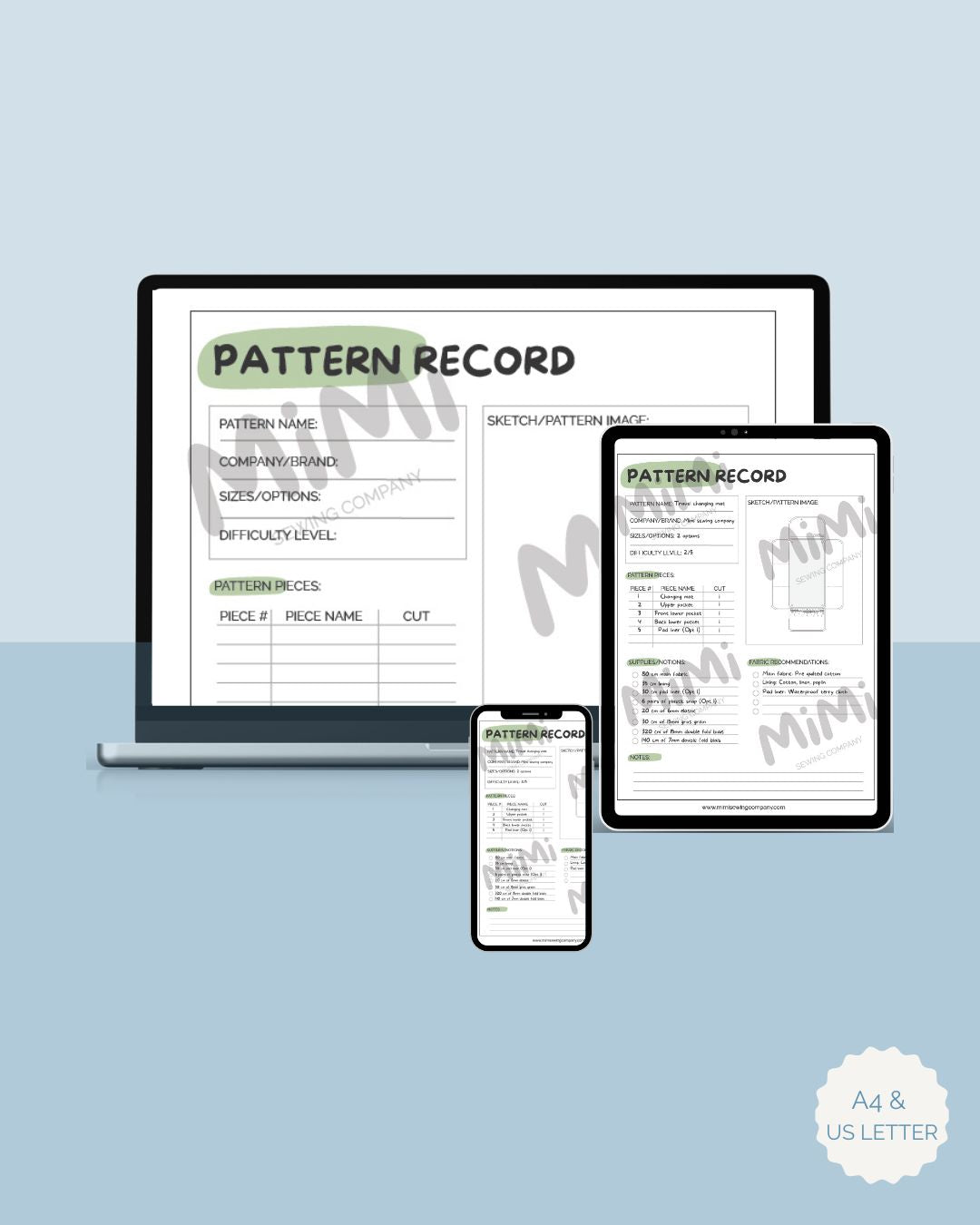 Digital pattern record template shown on a laptop, tablet, and smartphone mockup against a light blue background.
