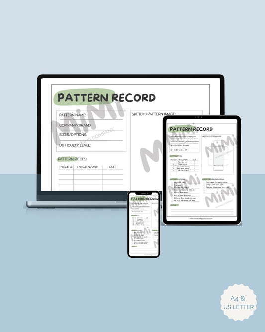 Digital pattern record template shown on a laptop, tablet, and smartphone mockup against a light blue background.