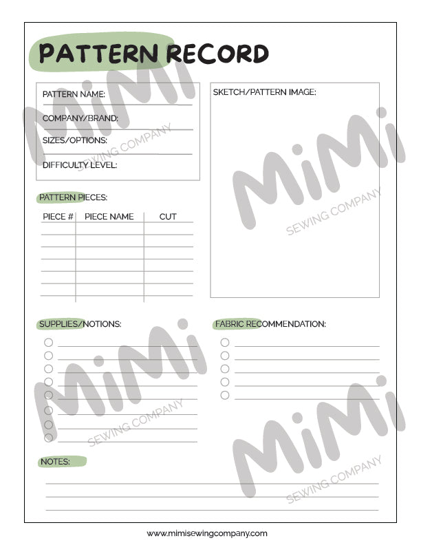 A sewing pattern record form with labeled fields for pattern name, company/brand, sizes/options, difficulty level, sketch/pattern image, pattern pieces, supplies/notes, and fabric recommendation. The page has a white background with black text and light green accents, plus large diagonal 'Mimi Sewing Company' watermarks across the image.