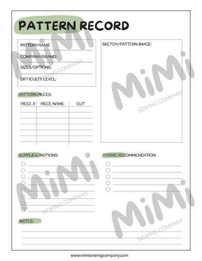 A sewing pattern record form with labeled fields for pattern name, company/brand, sizes/options, difficulty level, sketch/pattern image, pattern pieces, supplies/notes, and fabric recommendation. The page has a white background with black text and light green accents, plus large diagonal 'Mimi Sewing Company' watermarks across the image.